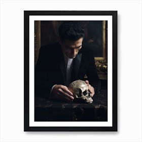 An Actor Is Holding A Hand Of A Skull On A Table Art Print