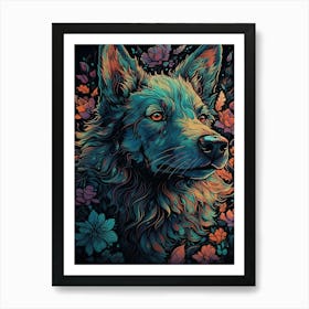 Wolf With Flowers Art Print