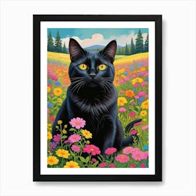 Quirky Cat In A Flower Field Art Print (4) Art Print