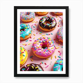 Colorful Donut Pattern Interlaced With Confetti And Ribbons High Saturation Texture Detail On Don (1) Art Print