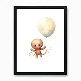Baby Octopus Flying With Ballons, Watercolour Nursery Art 2 Art Print