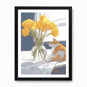 Drawing Of A Still Life Of Freesia With A Cat 2 Art Print