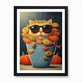 Cat With Fishes 14 Art Print