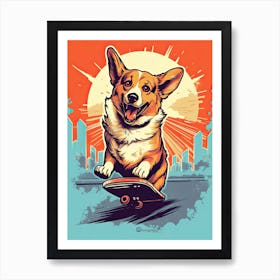 Corgi Dog Skateboarding Illustration 4 Art Print