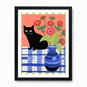 Black Cat With A Vase With Red Flowers Illustration Art Print
