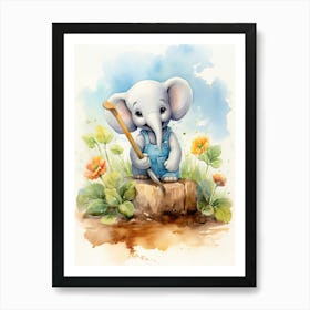 Elephant Painting Gardening Watercolour 4 Art Print