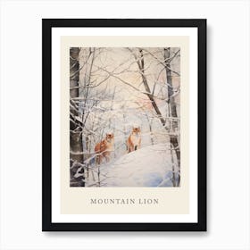 Winter Watercolour Mountain Lion 2 Poster Art Print