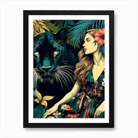 Panther With Boho Girl Art Print