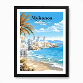 Mykonos Greece Beach Modern Travel Illustration Art Print