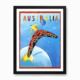 Australia, Man Riding A Boomerang Outside The Planet Art Print