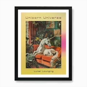 Unicorn Lounging A Sofa Surrounded By Plants Poster Art Print