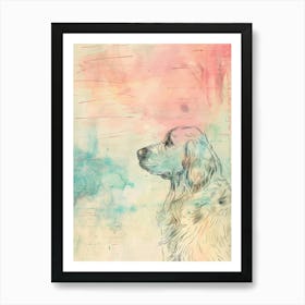 Golden Retriever Pastel Watercolour Line Illustration Art Print