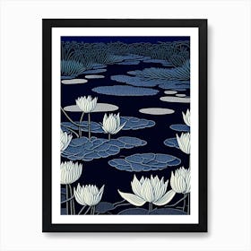 Water Lilies Waterscape Linocut 2 Art Print