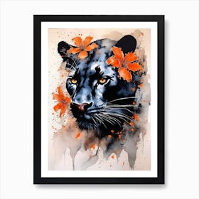 Panther Abstract Orange Flowers Painting (7) Art Print