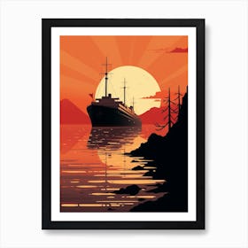 Titanic Ship At Sunset Sea Minimalist Illustration 1 Art Print