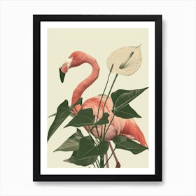 American Flamingo And Anthurium Minimalist Illustration 1 Art Print