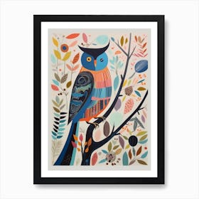 Colourful Scandi Bird Eastern Screech Owl 3 Art Print