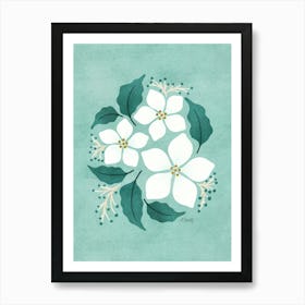 White Flowers on Duck Egg Blue Art Print