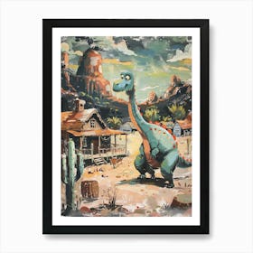 Dinosaur In A Western Town Lllustration 2 Art Print