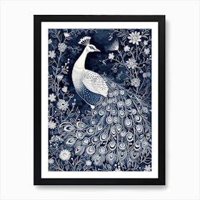 Peacock Folk Floral Linocut Inspired 1 Art Print