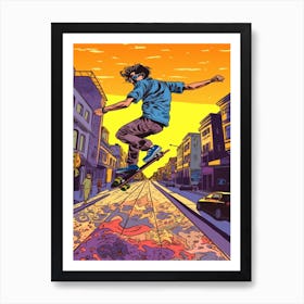 Skateboarding In Lisbon, Portugal Comic Style 4 Art Print