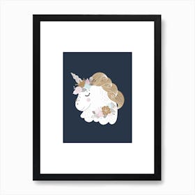 Floral Unicorn Navy Art Print