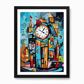 Clock Tower 2, Abstract Vibrant Colorful Modern Cubism Style Art Print