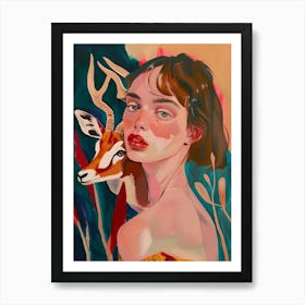 Deer And Woman Art Print