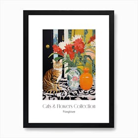 Cats & Flowers Collection Foxglove Flower Vase And A Cat, A Painting In The Style Of Matisse 2 Art Print