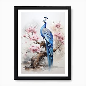 Peacock, Japanese Brush Painting, Ukiyo E, Minimal 5 Art Print