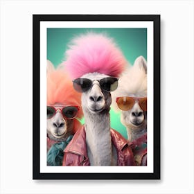 Three Lamas With Pink Hair Art Print