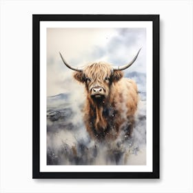 Highland Cow In Grey Storm Watercolour Art Print