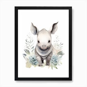 Watercolour Jungle Animal Baby Rhinoceros 3 Art Print