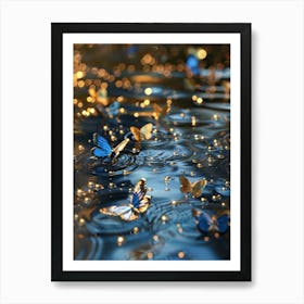 The Sparkling Water, With Several Blue Gold Metal Butterflies Floating On The Surface, Art Print