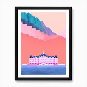 Pink Blue Purple Hotel Waterside Waterfront Mountain Inlet Architecture Art Print