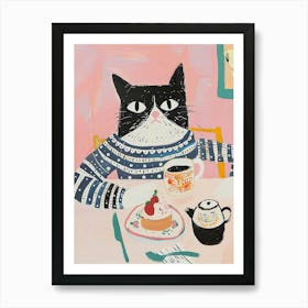 Black And White Cat Having Breakfast Folk Illustration 2 Art Print