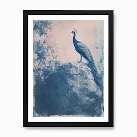 Navy Blue Peacock Portrait Cyanotype Inspired 1 Art Print