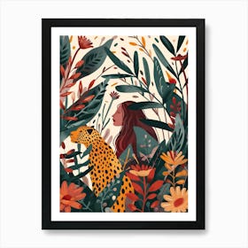 Girl With Leopard In The Jungle 1 Art Print