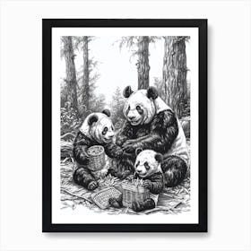 Giant Panda Family Picnicking In The Woods Ink Illustration 4 Art Print