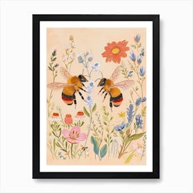 Folksy Floral Animal Drawing Bee 3 Art Print