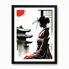 Geisha and Pagoda Art Print