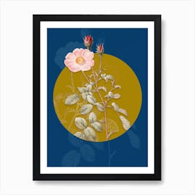 Vintage Botanical Vintage Sparkling Rose on Circle Yellow on Blue Art Print