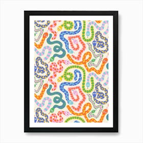 Happy Snakes White - Bright Rainbow Textured Snakes Art Print