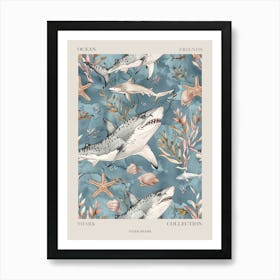 Pastel Blue Tiger Shark Watercolour Seascape Pattern 3 Poster Art Print