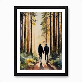Hiking Couple Walking In The  Red Woods - Romantic Couple Stroll In The Woodland Landscape- Autumn Forest Girlfriend Boyfriend Husband Wide Strolling Through Beautiful Botanical Trees as the Sun Sets - Dreamy Wall Decor Just Newly Married or Dating Love Autumnal Fall Active Traveller Backpacking Duo Gallery Watercolor Painting Scenery Art Print