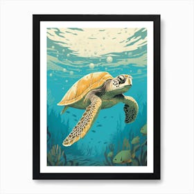 Block Colour Turtle Swimming Aqua 9 Art Print