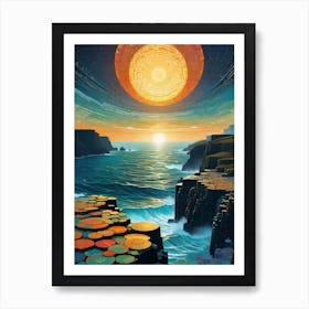 The Giants Causeway - Ireland - Trippy Abstract Cityscape Iconic Wall Decor Visionary Psychedelic Fractals Fantasy Art Cool Full Moon Third Eye Space Sci-fi Awesome Futuristic Ancient Paintings For Your Home Gift For Him Art Print