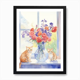 Cat With Sweet Pea Flowers Watercolor Mothers Day Valentines 3 Art Print