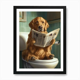 Golden Retriever Dog Sitting On An Open Toilet Reading A Newspaper Affiche