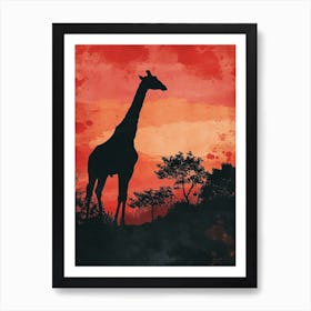 Giraffe In The Sunset Red Tones 3 Art Print